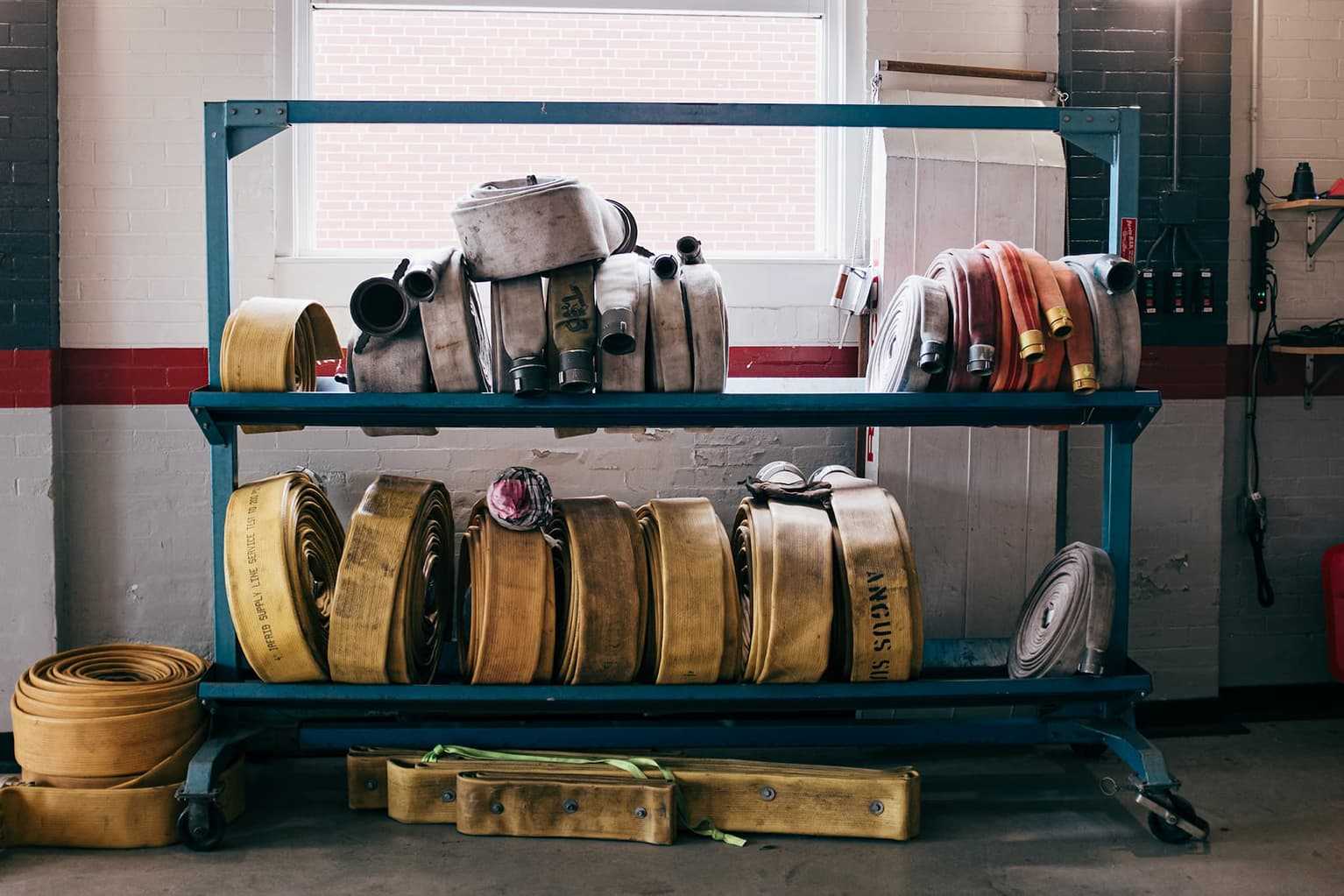 Firefighting hose on the shelves